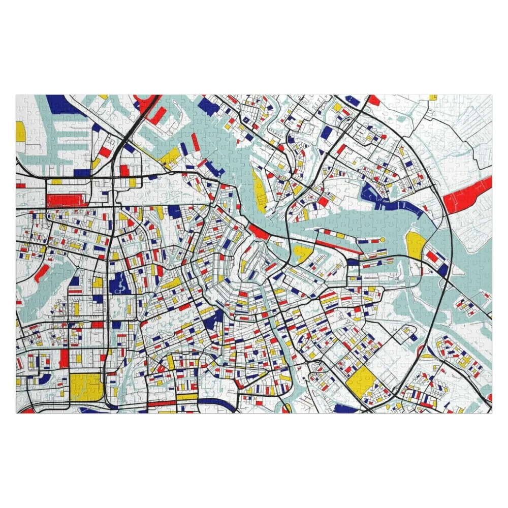 

Amsterdam City Map of Netherlands - Mondrian Jigsaw Puzzle Personalized Gift Married Animal Puzzle