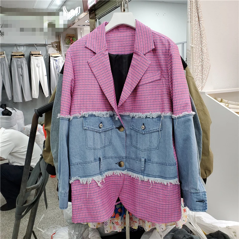 

Fashion Pink Blue Plaid Splicing Pocket Denim Blazer Women Mid Long Suit Collar Outewear Female Loose Casual Jeans Suit Jacket