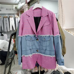 Moda rosa blu plaid tasca con giunture giacca di jeans donna colletto medio lungo tuta sportiva giacca da abito jeans casual allentata femminile