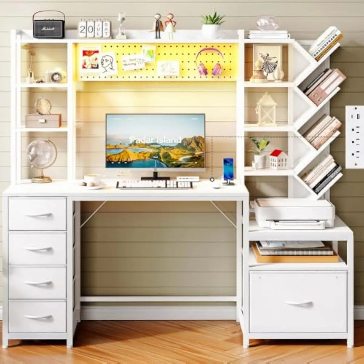 61.4 inch modern workstation with tree bookshelf, 5-tier storage, RGB LED lighting control, built-in power hub 3 AC USB-C, pegbo