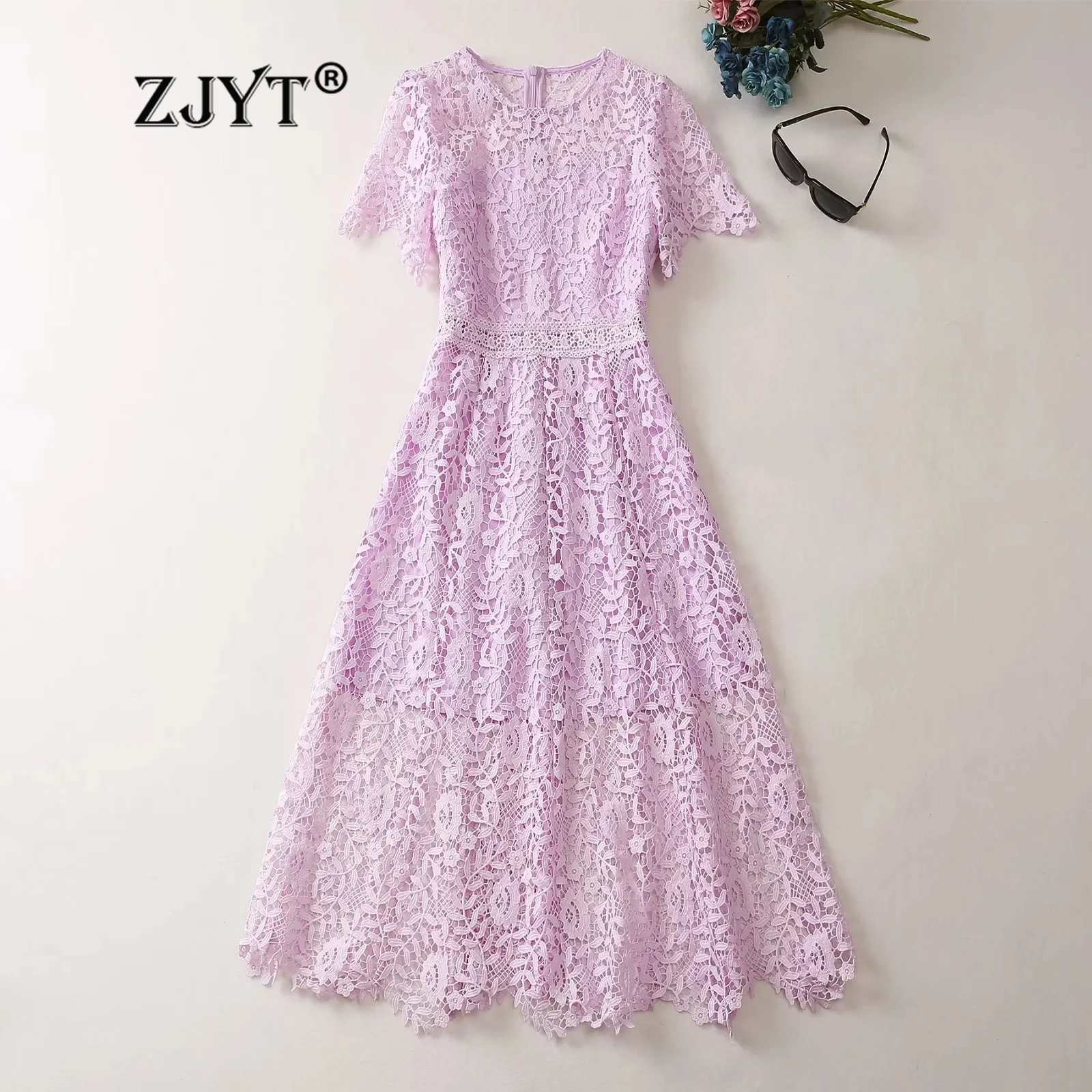 

ZJYT Designer Embroidery Women's Hollow Out Lace Dress Summer 2024 Fashion Short Sleeve Purple Midi Party Dresses Sexy Vestidos