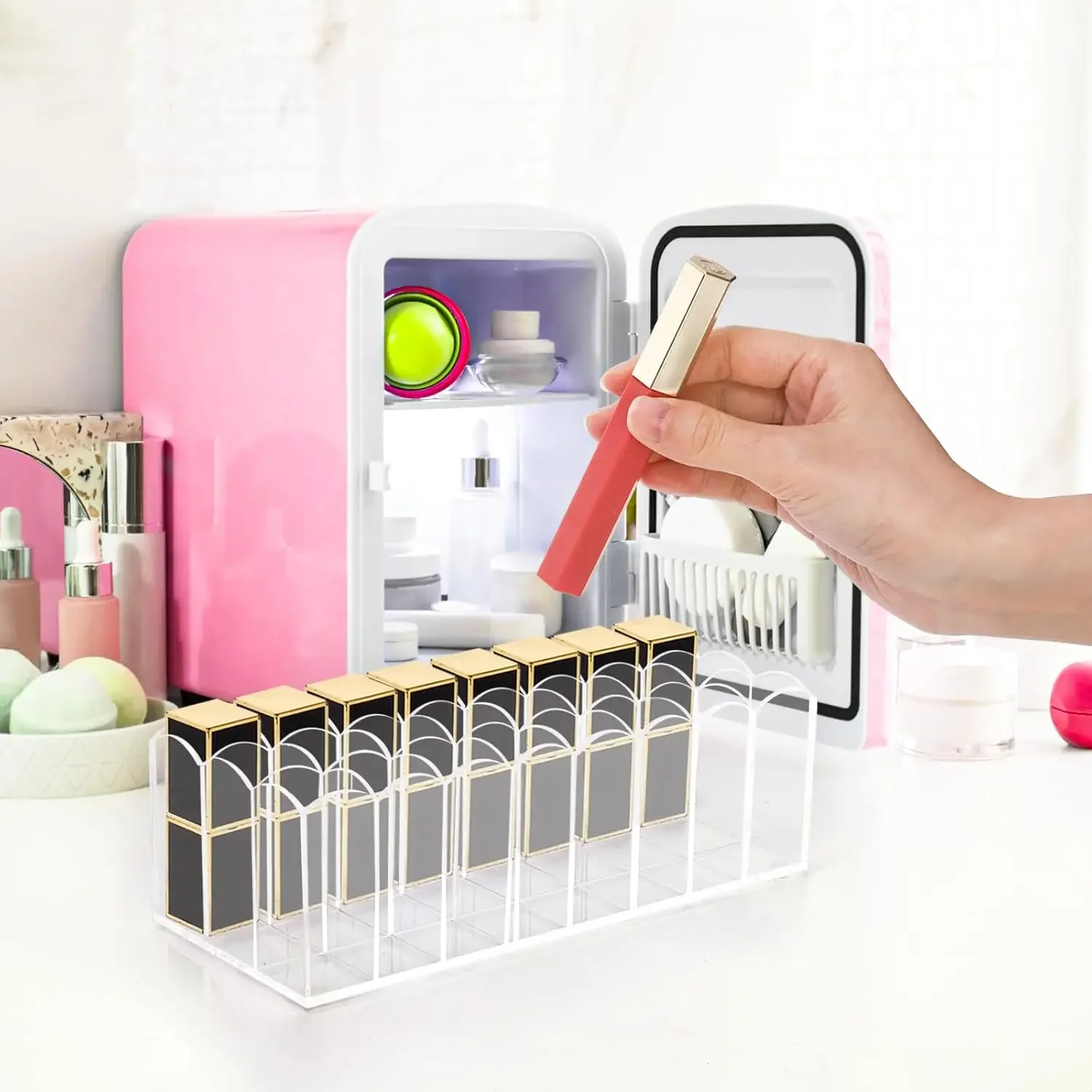 2 Pack Lip Gloss Holder Organizer, 24 Spaces Acrylic Lip Gloss & Makeup Holder, Lipgloss Display Case for Tall Products