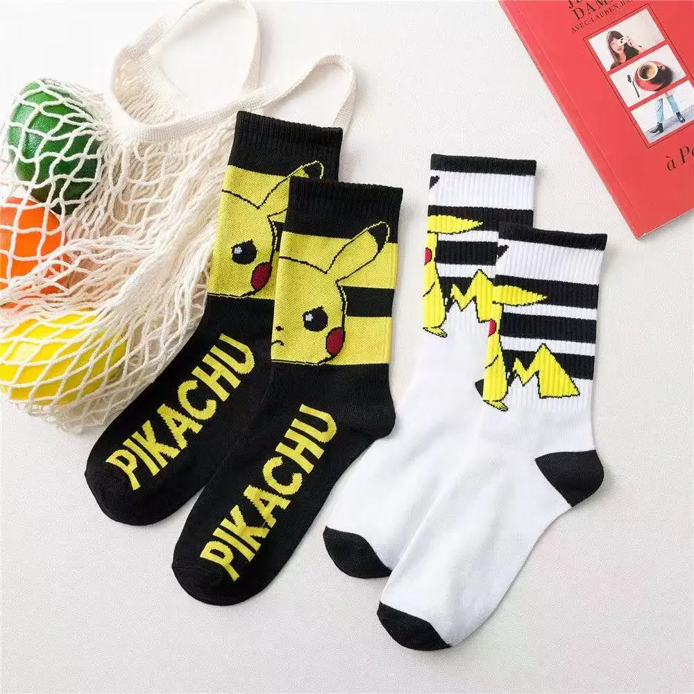2 Pairs of Pocket Monsters Pikachu Crew Socks Harajuku Cartoon Printed Neutral Cotton Socks Black and White Striped Casual Socks
