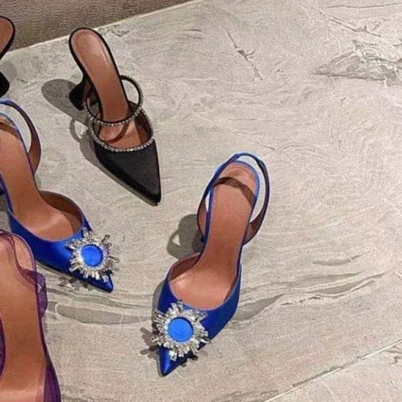 New Fashionable Half Slippers Women\'s Sandals Fashionable Sparkling Rhinestones Satin Wine Glass Heel Shoes Closed-Toe Slippers