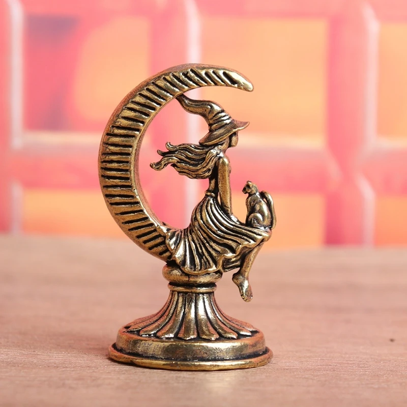 Brass Cat Moon Witch Figure Small Statue Characters Miniatures Figurines Desk Decoration Crafts Home Decor Ornament Accessories