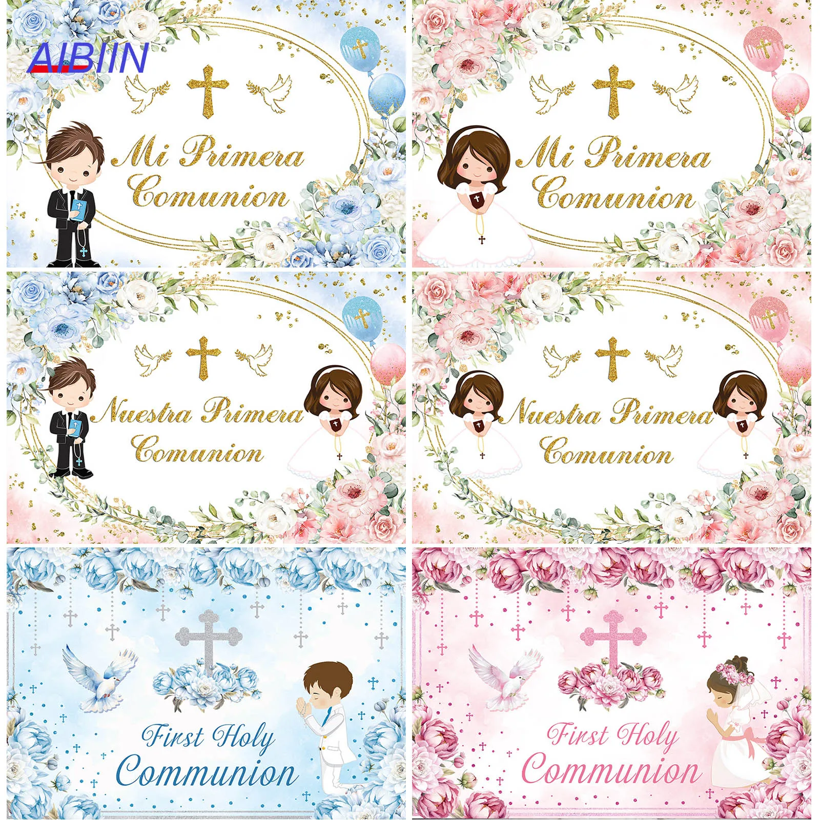 First Holy Communion Backdrop Blue or Pink Flowers Boy or Girl or Twins Baptism Party Decor God Bless Christening Background