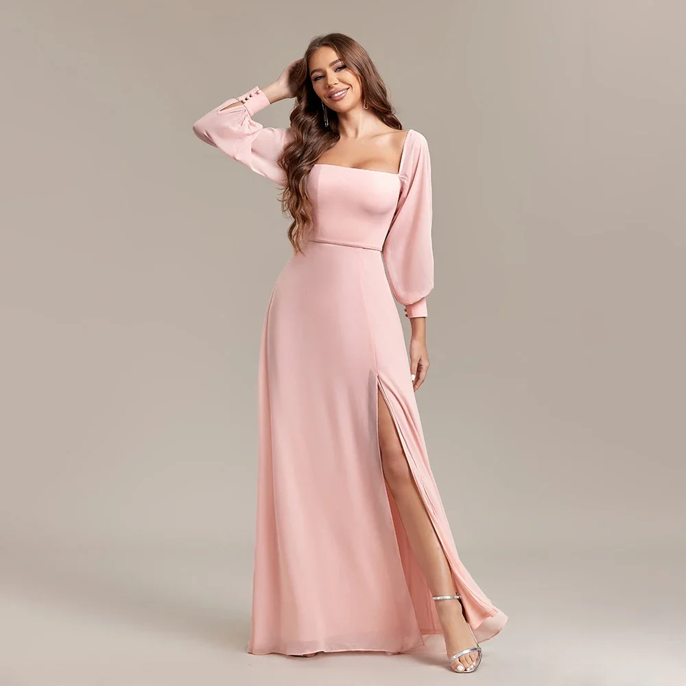 New Women Strapless Pink Long Sleeved Bridesmaid Dresses Chiffon Free Wear Square Neck Party Gown Elegant Birthday Party Dress