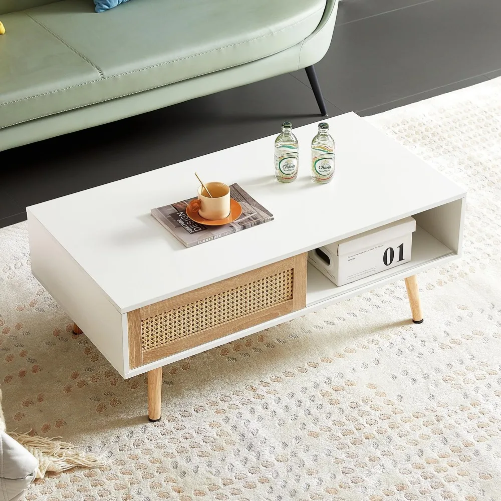 Mesa de centro moderna de meados do século com armazenamento, mesa de sofá central retangular de madeira de 41,3 polegadas com tecido de vime PE deslizante