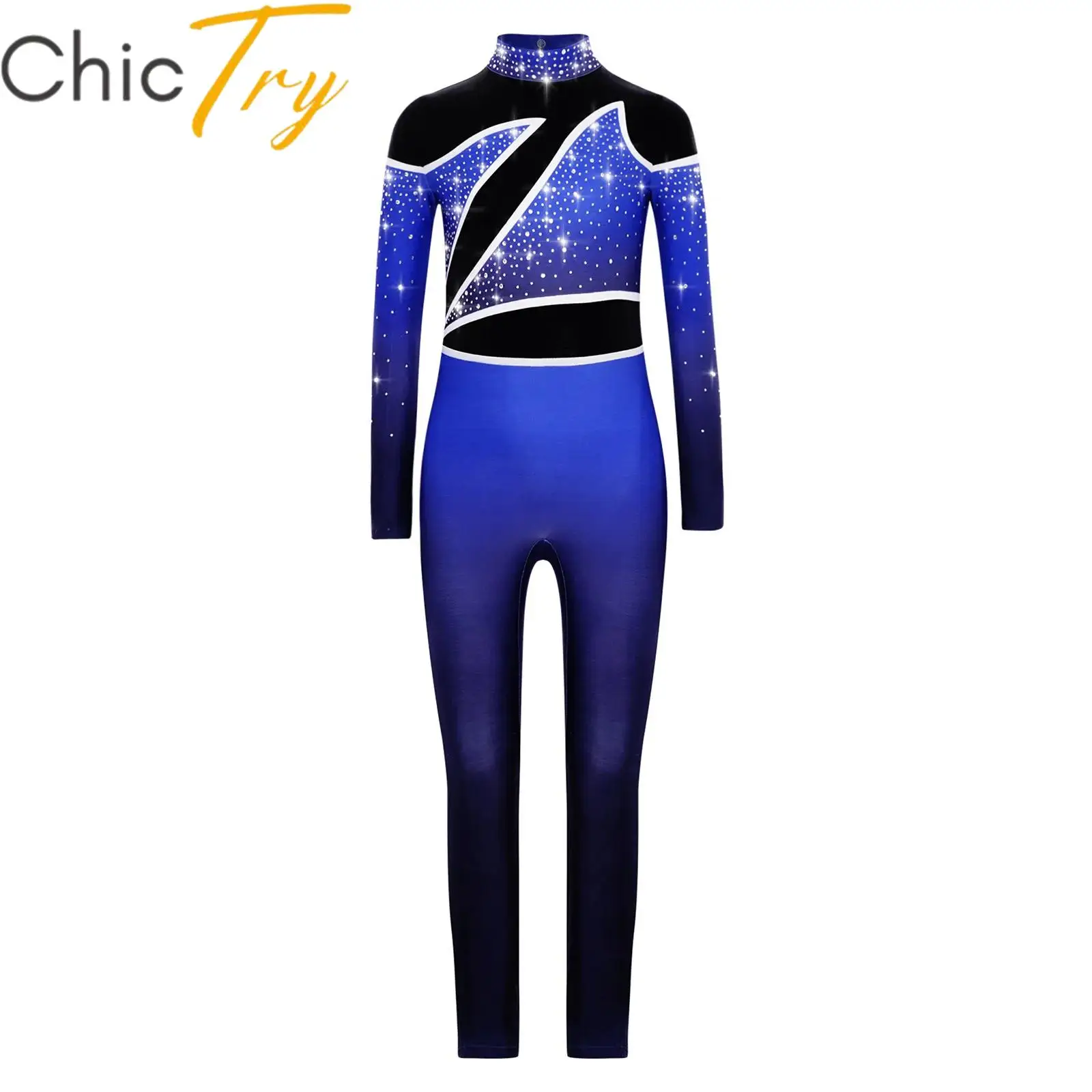 

Kids Girls Ballet Gymnastics Jumpsuit Ballerina Performance Costumes Mock Neck Long Sleeve Keyhole Back Rhinestones Bodysuit