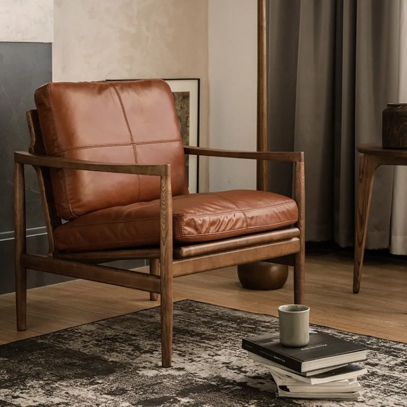 

Sofa chair leather single sofa balcony cowhide solid wood leisure chair retro wabi sabi wind