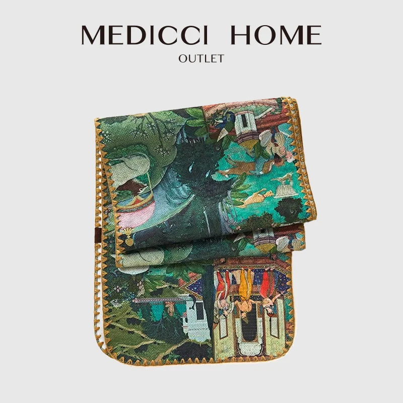 Medicci Home Ancient Babylon Historic Garden Scenery Imprint Table Runner Vibrant Color Luxurious Hemstitch Tapestry Dining Mats