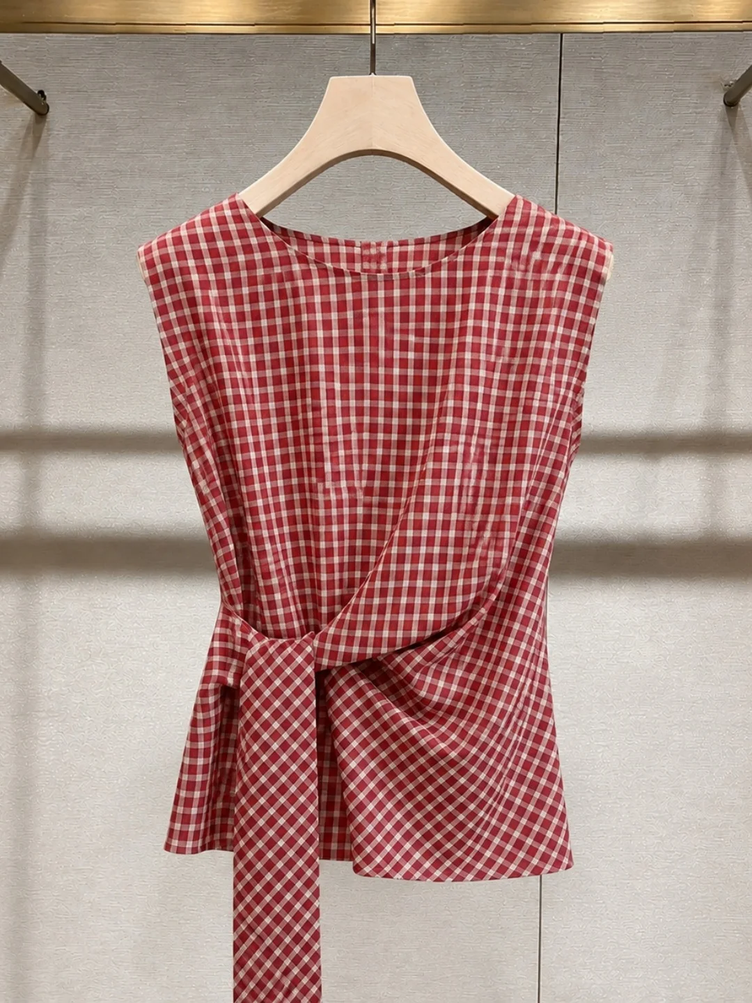 

Korean Style Plaid Belted Waist Cinched Sleeveless Vest Sweet Youthful Summer Popular round Neck Versatile Floral Print Top