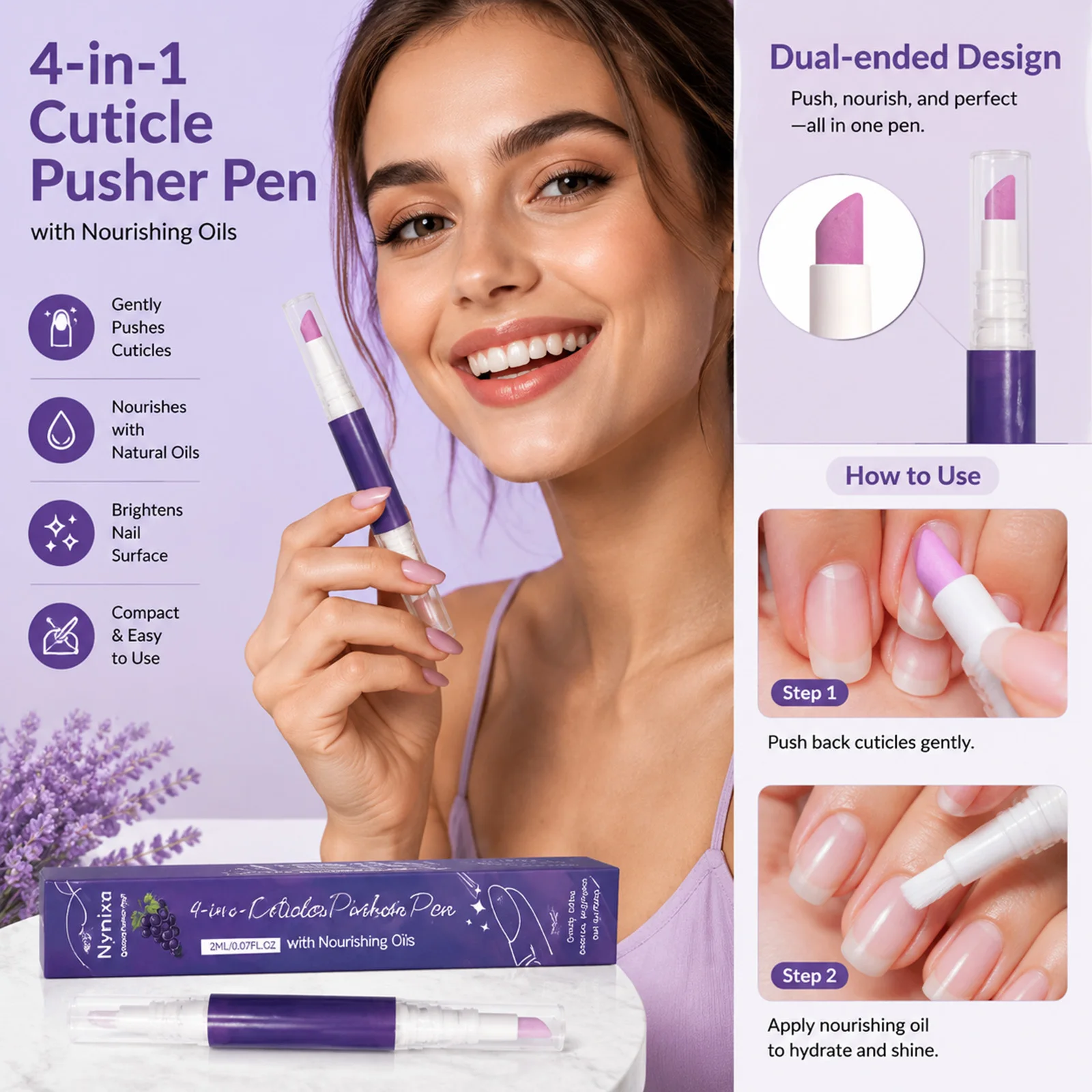 4‑in‑1 Cuticle Pusher Pen Nourishing Cuticle Oil Pen with Jojoba Lavender Grape Extract Precise Portable Nail Care Pen