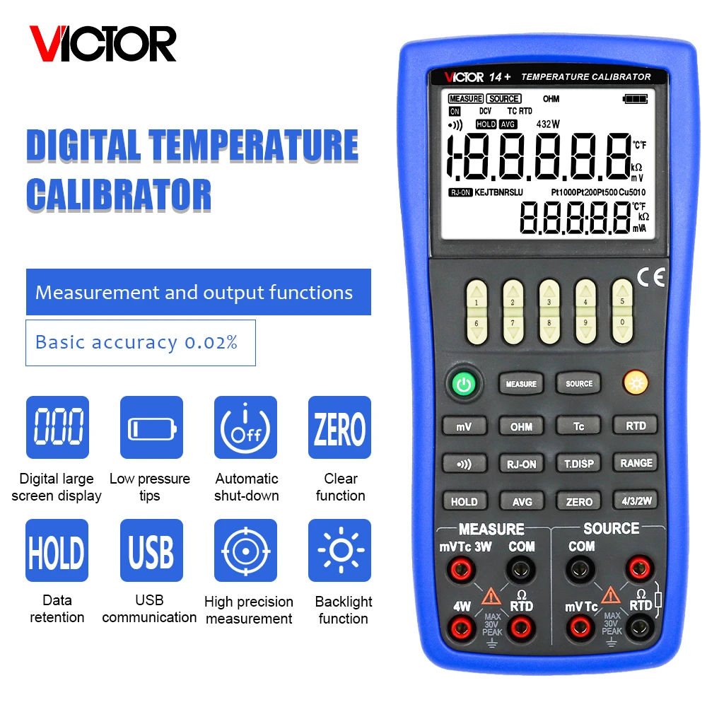 VICTOR 14+ With Measure And Source Functions 2-wire, 3-wire, 4-wire Connection Or Ohm And RTD Measurement Temperature Calibrator