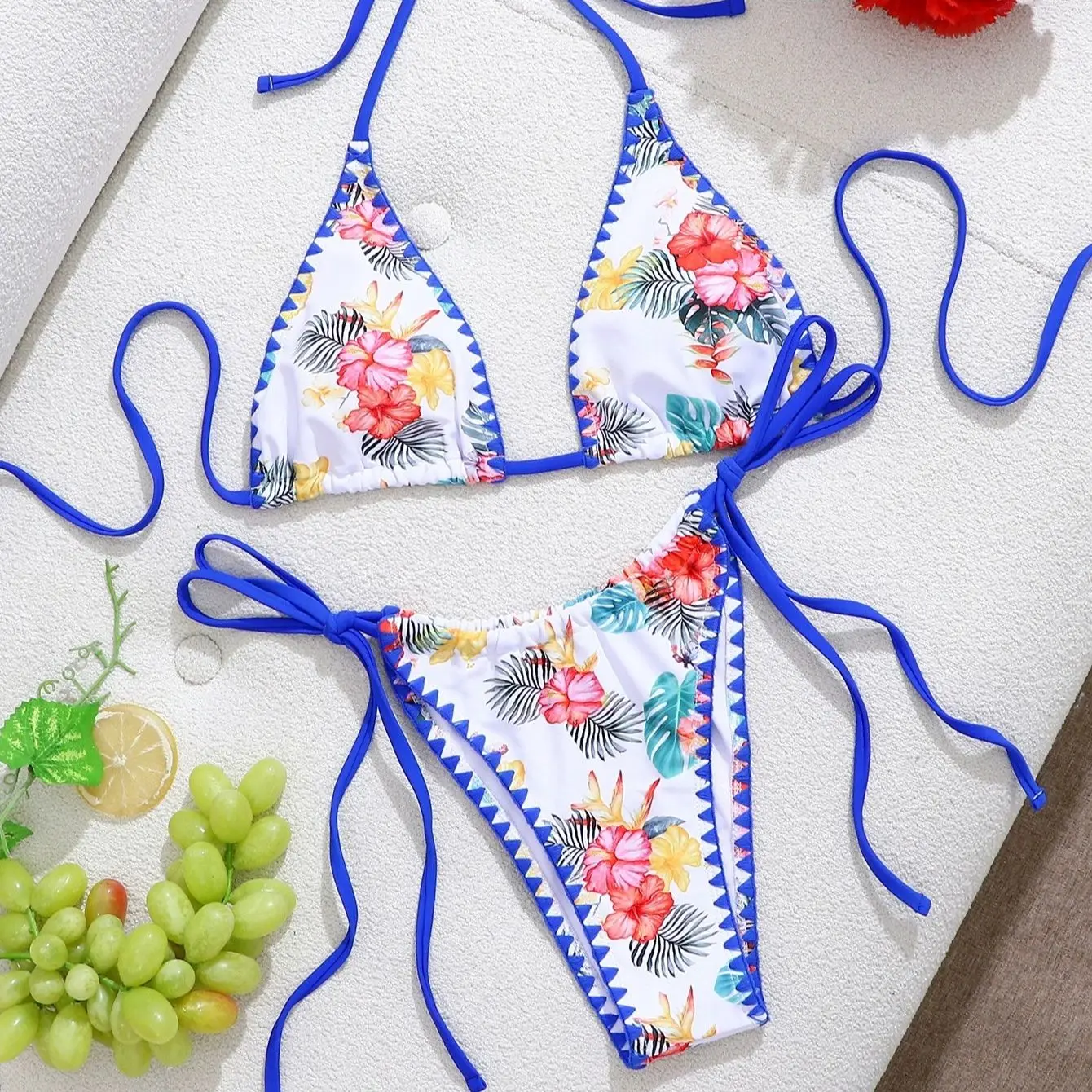 

DEKA Brazilian Lace-Up Micro Retro blue printed Bikini Set Women Swimsuit TrendThong Bikini Beach Wear Female Swimwear Woman