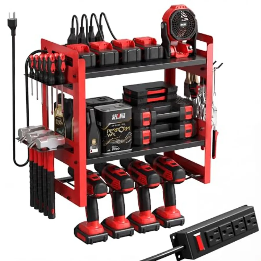 

Power Tool Organizer Wall Mount with Charging Station, 3-Tier Heavy Duty Metal Tool Rack with 4 Drill Holders and 6Feet Power S