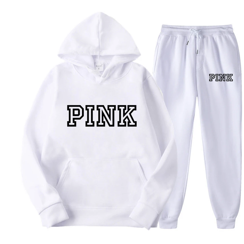 PINK Hoodies Casual American Style Hoodie Set Women Autumn Long Sleeves Hooded Loose Pullover Street Sweatshirt