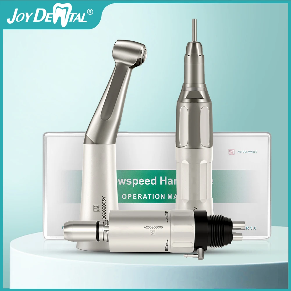 JoyDental Dental Low Speed Handpiece Kit Contra Angle Straight 2/4 Hole Air Motor Push Button External Water Spray