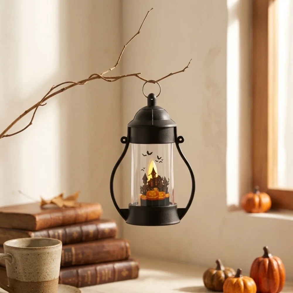 Vintage Halloween Wind Lamp Cylindrical Castle Ghost Pattern Pumpkin Wind Lantern Cartoon Warm Yellow Light
