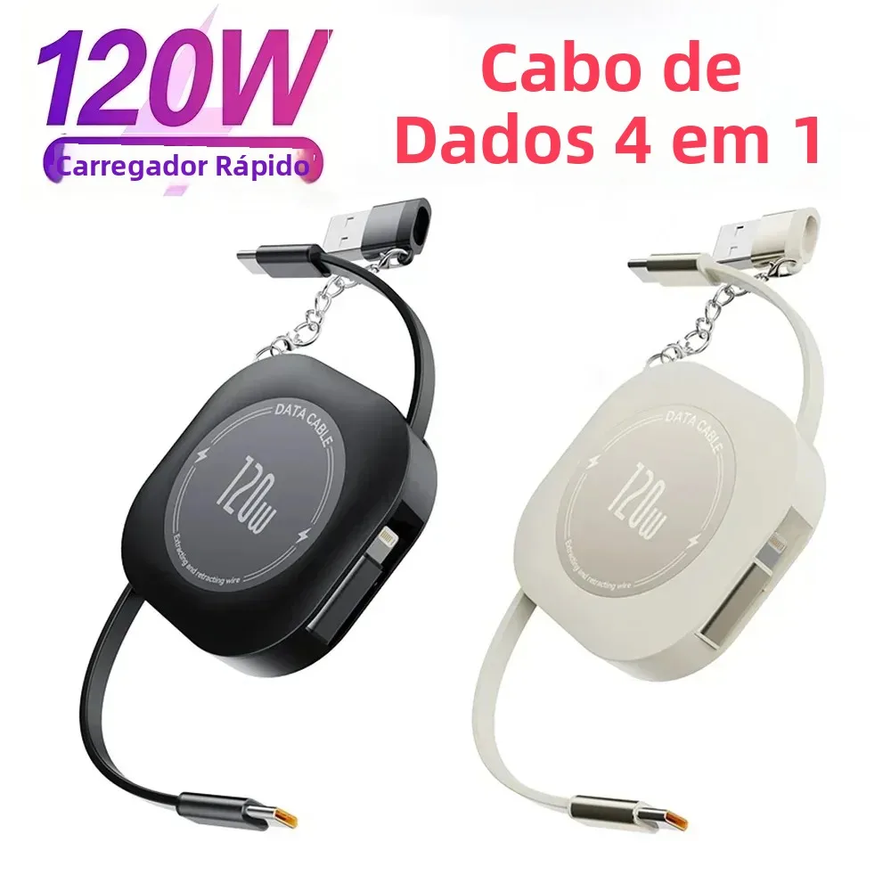 Cabo de carregamento USB C para C 4 em 1 de 120W 6A com carregamento super rápido, tipo C/USB A, retrátil, para iPhone, Xiaomi, Samsung
