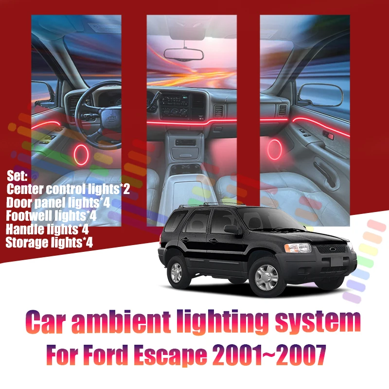 Luces LED Ambientales para Ford Escape 2001~2007 MK1, Luces de Atmósfera Coloridas, Tira de Neón Interior para Auto, Iluminación RGB de 64 Colores, Pieza de Auto
