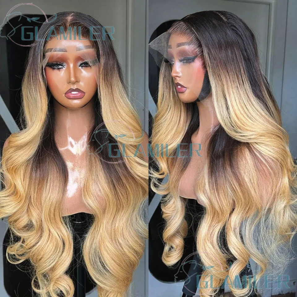 

# 1b/27 Волнистые человеческие волосы Черный Ombre Блондин Цветные 5x5 Шелковые парики с застежкой сверху Предварительно выщипанные бразильские парики 13x6/360 на шнуровке спереди