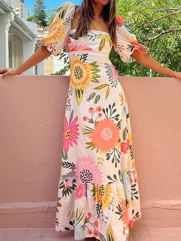 Elegante Frühling Sommer Frauen quadratischen Kragen langes Kleid lässig Blumen druck Party kleid Dame Puff ärmel Strand kleid Vestidos