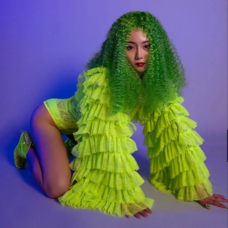 Vivid Fluorescent Green Dancing Costume Sexy Lace Bodysuit with Wig and Stacked Coat