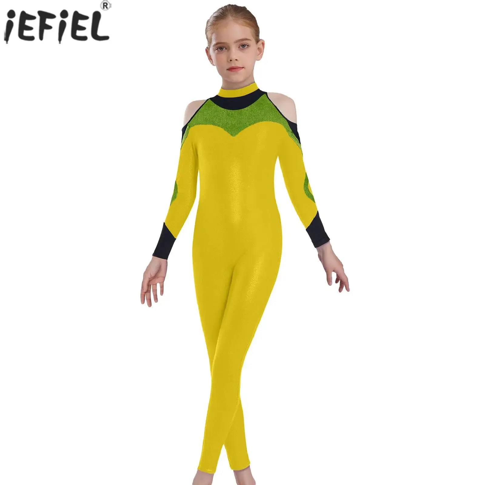 

Kids Girls Gymnastics Leotards Ballet Dance Figure Skating Acrobatics Performance Costume Metallic Long Sleeve Bodysuit Jumpsuit