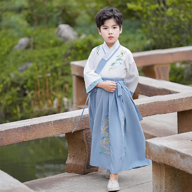 Hanfu-Disfraz tradicional de dos piezas para estudiante de primaria, traje de Cosplay de caballero sobredimensionado, color azul claro, 100% poliéster