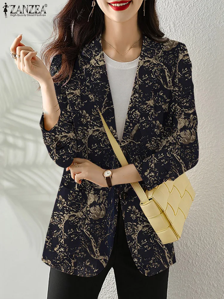 سترة بطية صدر محفورة بzazea للنساء ، ملابس خارجية غير رسمية ، أكمام طويلة ، ملابس خروج قطنية للترفيه ، بدلات مطبوعة يوميًا للتنقل ، الخريف ،!