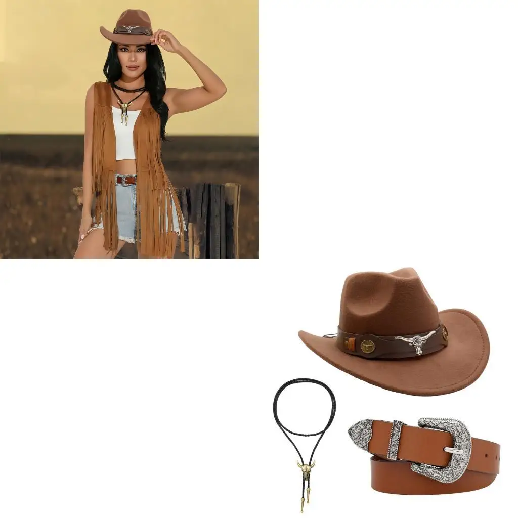 

652F Western Cowgirl Costume for Adults Cowgirl Hats Buckles Belt Necklace Halloween Fancy Dress Accessories Western Outfits