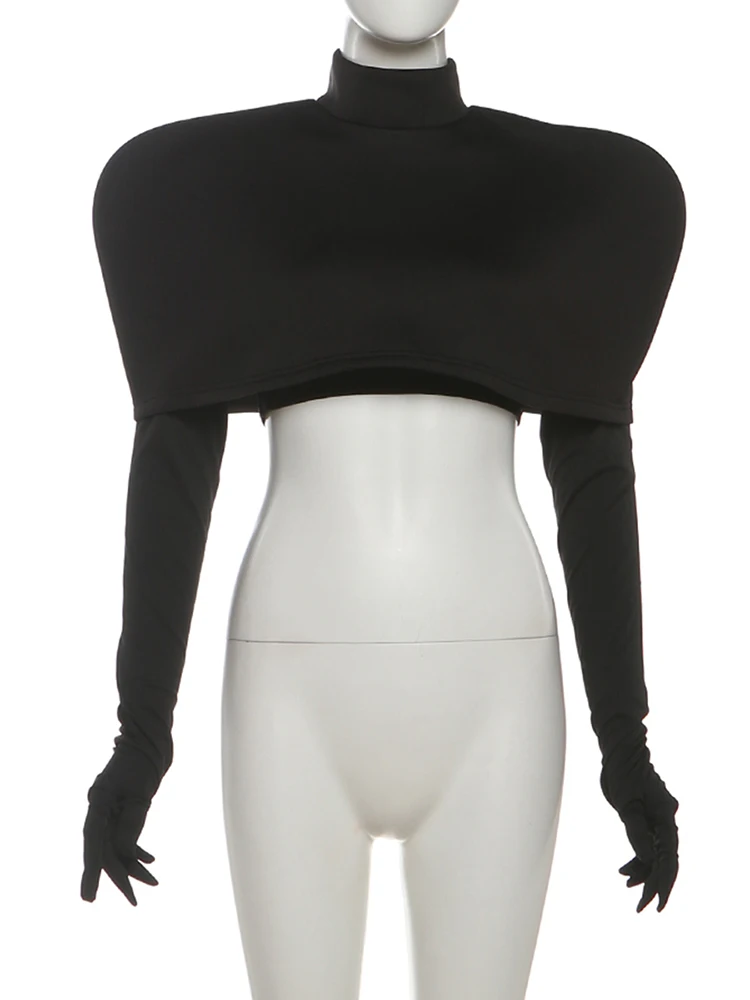 Dwuczęściowy zestaw: T-shirt z golfem Weird Puss Chic i klasyczne, modne, długie rękawiczki + krótkie bluzki crop top z krótkim rękawem, styl streetwear.