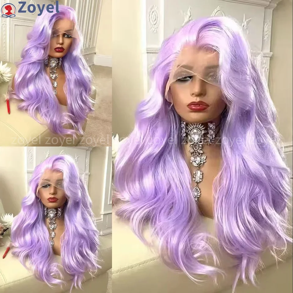 

Синтетический парик 13x4 с кружевной передней частью, светло-фиолетовый, с волнистыми волосами, с челкой сбоку, без клея, для повседневной носки