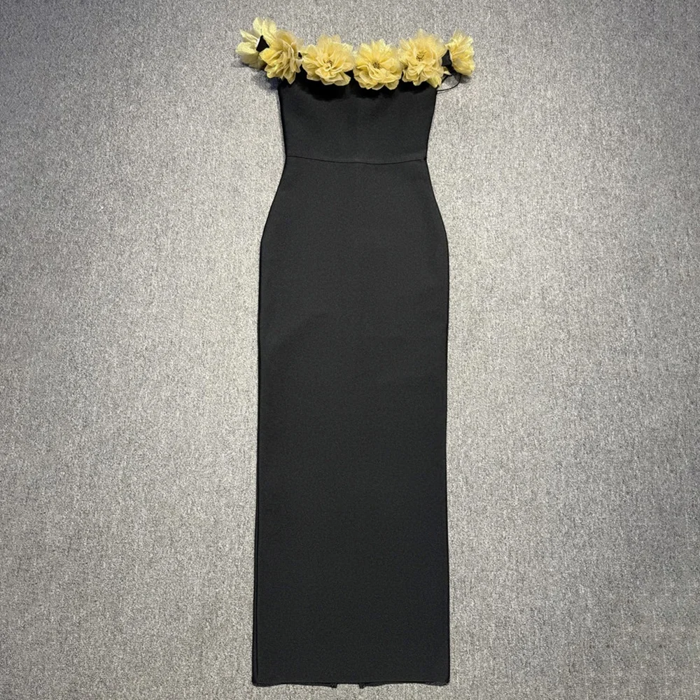 

Женское шикарное черное длинное бандажное платье без бретелек с 3D цветочными украшениями, утягивающее платье с открытой спиной для празднования дня рождения