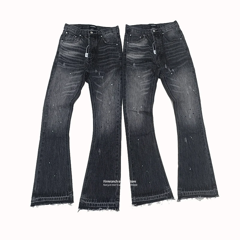 

Firmranch Korean Stylish Streetwear Curved Knife Jeans For Men Women Splash-ink Charcoal Grey Micro-flared Bootcut Denim Pants