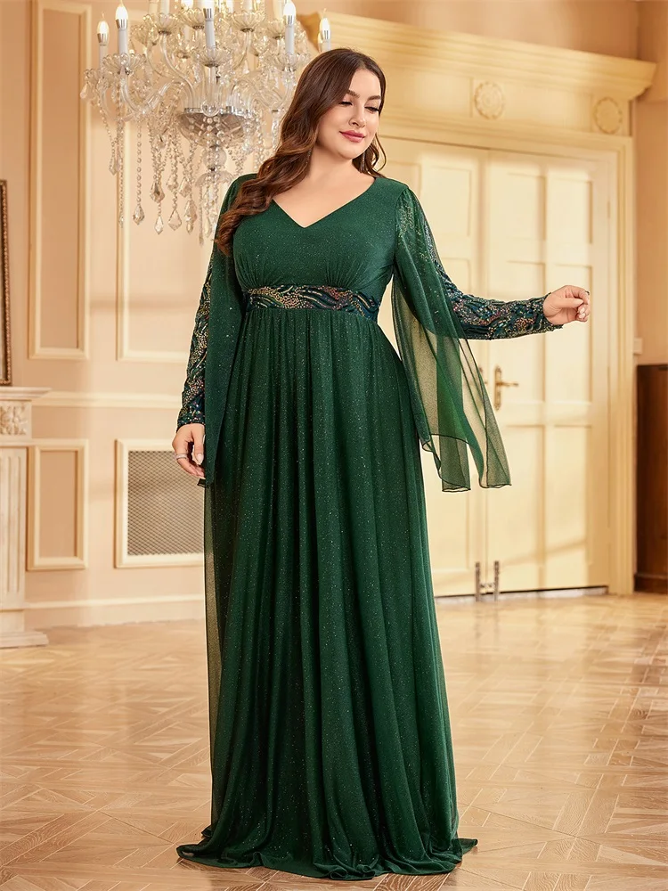 XUIBOL Plus Size Long Sleeve Sequin Green Evening Dress 2024 Floor Length Women Sparkle Bling Bling Family Party Cocktail Dress