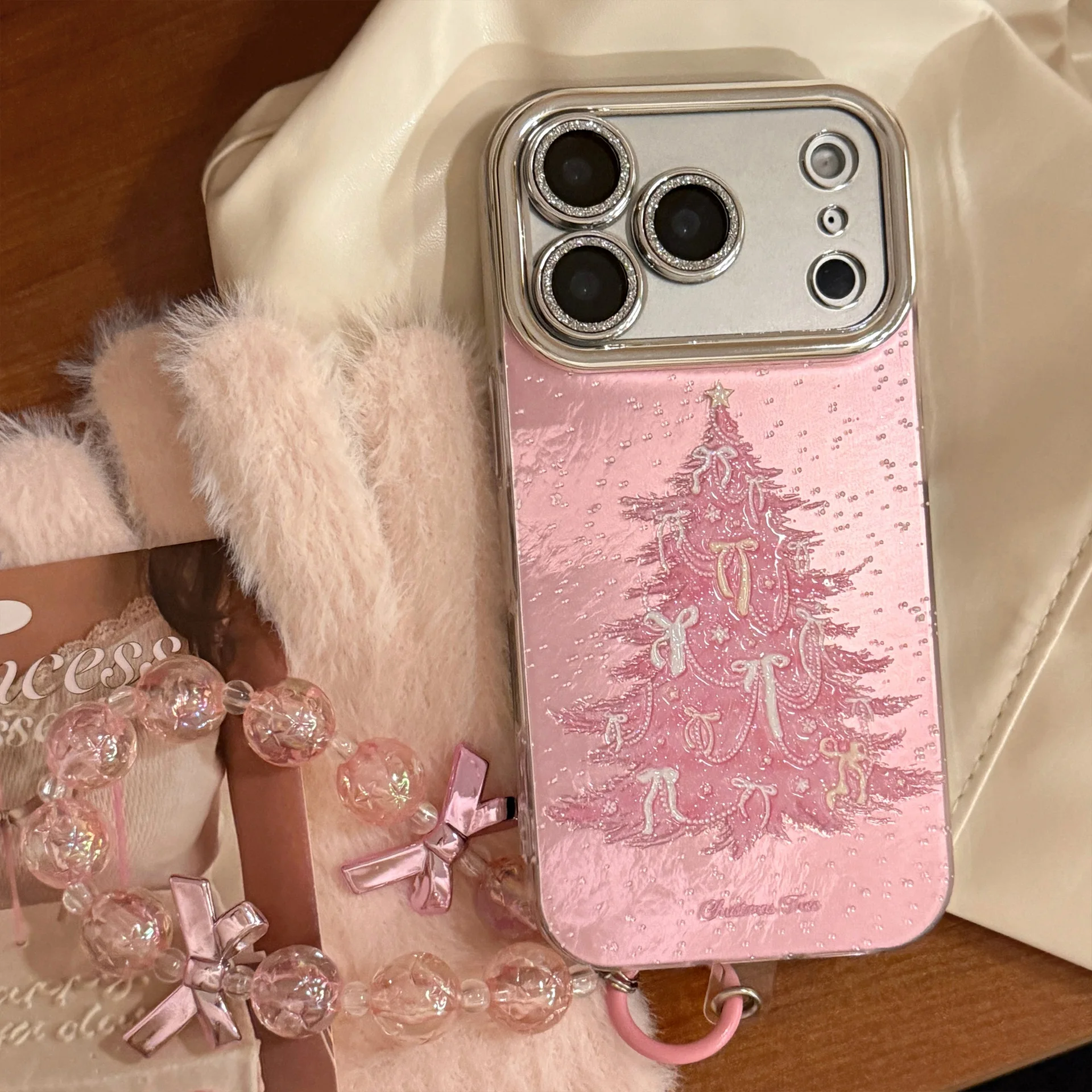 Rosa Weihnachtsbaum-Glitzer mit Kette, Handyhülle für iPhone 17, Air 16, 15, 14, 13, 12, 11 Pro Max, XS, XR, Plus, stoßfeste Hartschale
