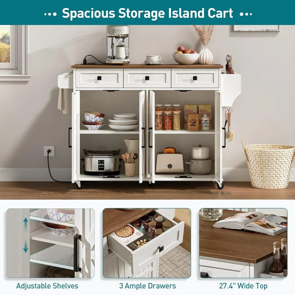 Mobile Kitchen Island with Drop-Leaf, Kitchen's Island with Storage, Kitchen Cart with Charging Station, Rolling Islands