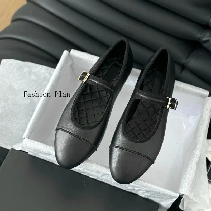 Summer 2024 New Women\'s Round Toe Ballet Elegant Black Classic Leather Flats, Simple Solid Color Sexy, Small Fragrance Buckle Fl