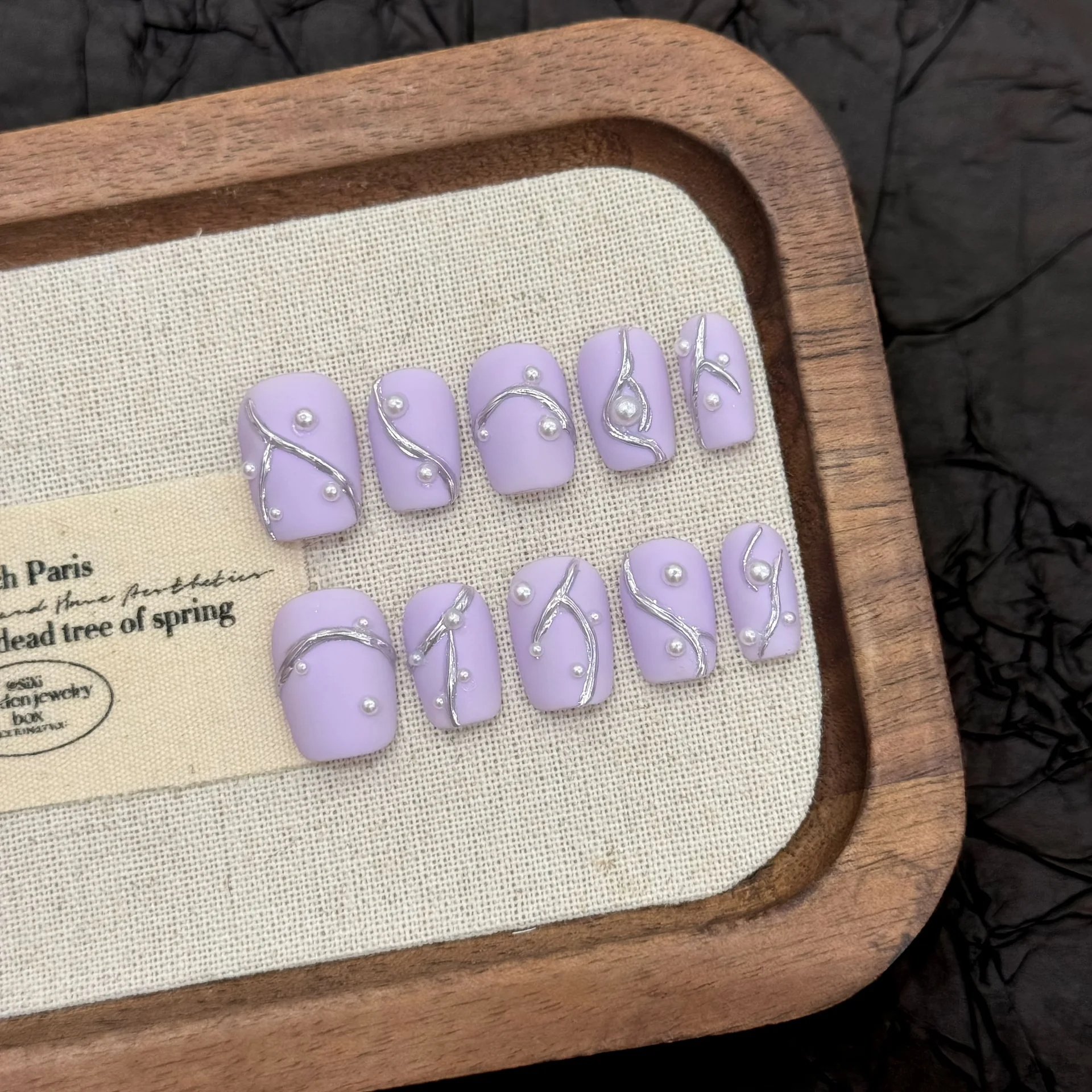 

10pcs Handmade Press on Nails Polish Purple 3D Gilded Silver Pearl False Nail for Women&Girls Detachable Wearable Fake Nail