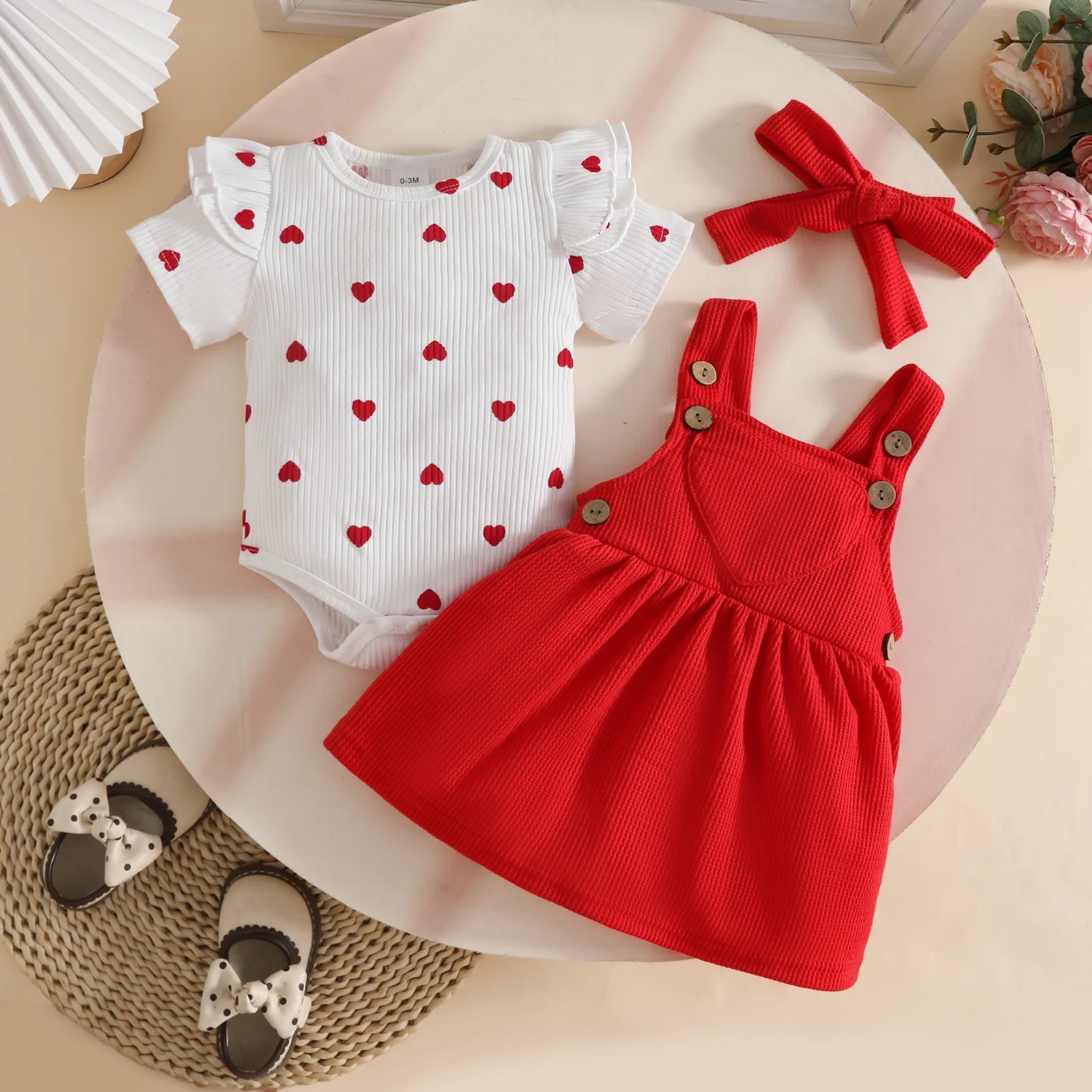 Baby Girls Sweet Love Pattern Baby Girl Strip Short Sleeve Triangle Strap Skirt Hairband Summer Set