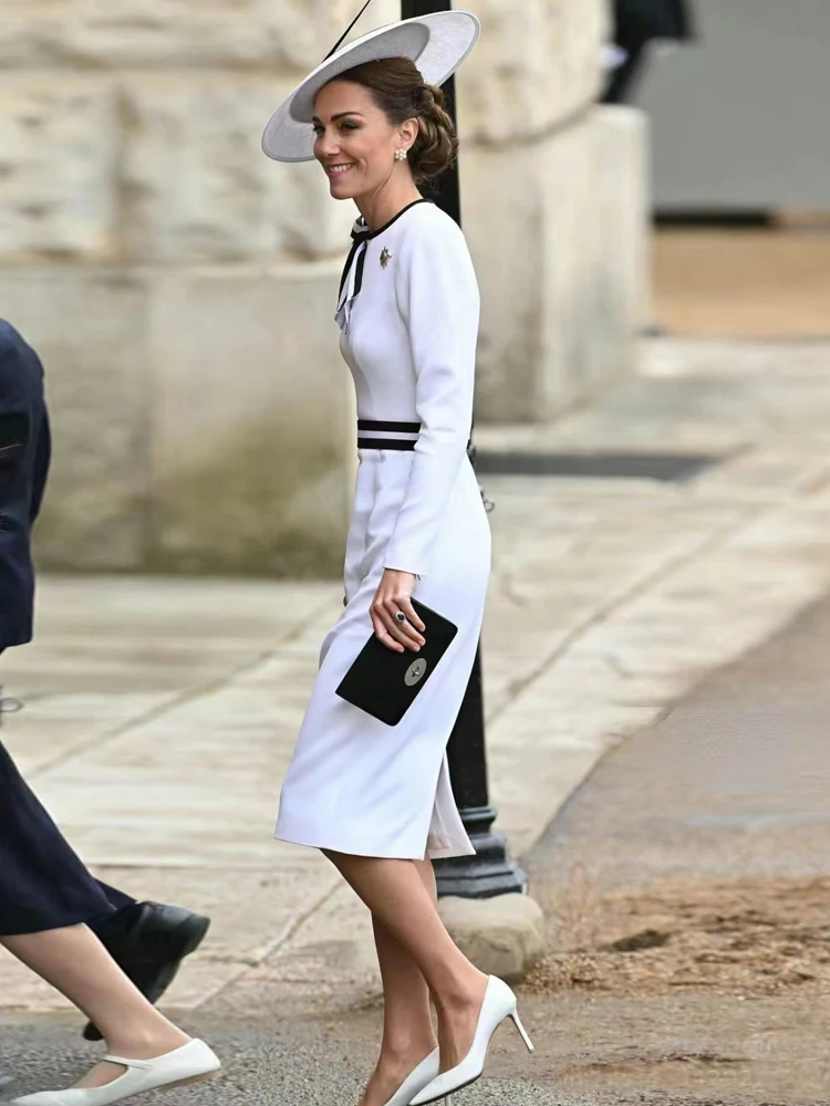 Kate Middleton Ladies Catwalk Autumn High Quality Fashion Party Celebrity Slim Fit White Bow Vintage Pretty Sweet Midi Dress