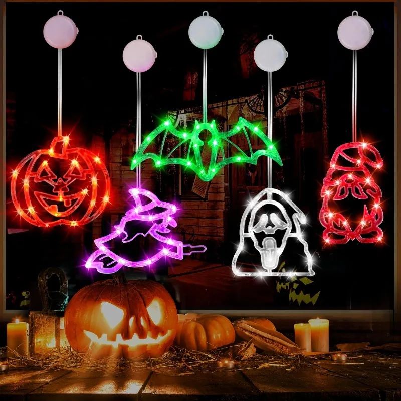 Halloween Decorations Indoor - 5 Pack Halloween Lights with Suction Cup (Pumpkin, Ghost, Bat, Witch, Gnome)