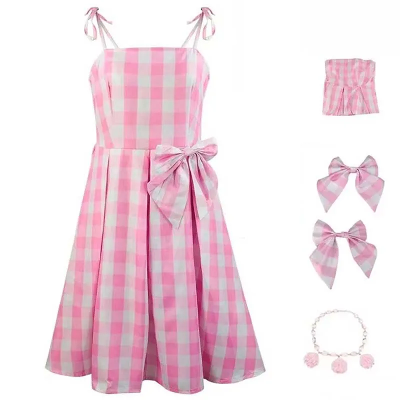 فستان نسائي منقوش باللون الوردي من فيلم Princess Cospaly مع ربطة عنق وقلادة كهدية للهالوين