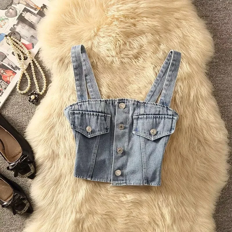 Damen Top Denim Sling Double Pocket Back Stretch