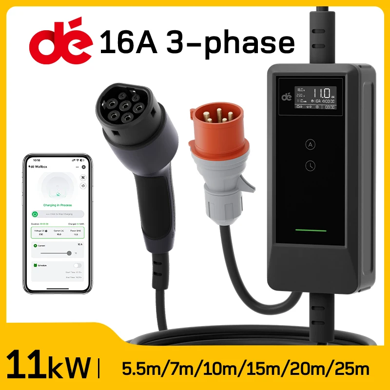 dé Caricatore EV Mobile Wallbox 11kW Tipo 2 con APP, 16A Trifase, Cavo di Ricarica 5.5m 7m 10m 15m 20m 25m, da Spina CEE a Tipo 2, con Corrente Regolabile, RCD Tipo A 30mA (AC) + 6mA (DC)