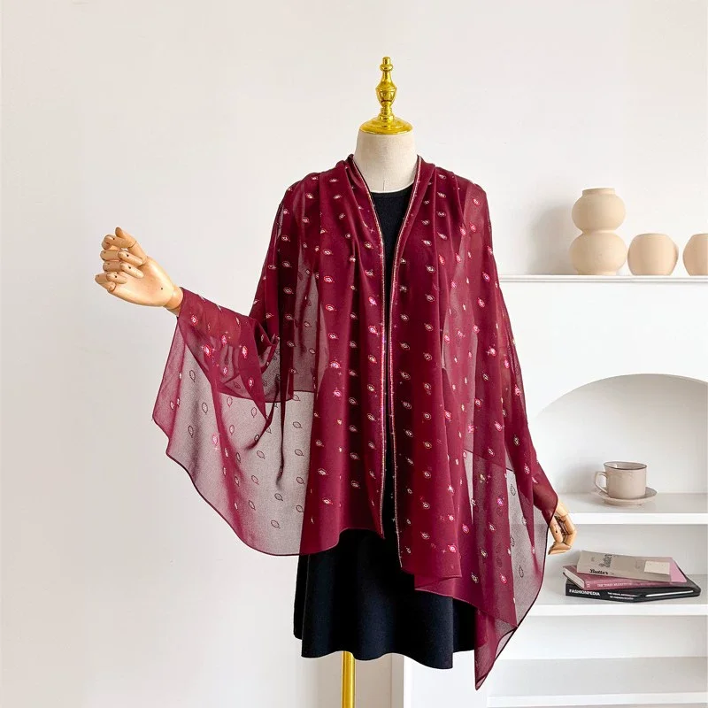 

New Style Rhinestone Leaf Hijab Scarf Premium Chiffon Scarf Shawl Organza Long Turban Head Wraps for Women