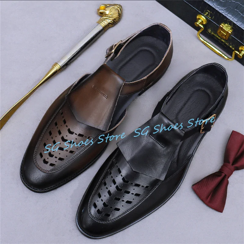 

Male Genuine Leather Casual Loafers Outside Driving Shoes Summer Breathable Hollow-Out Buckle Strap Sandals for Men