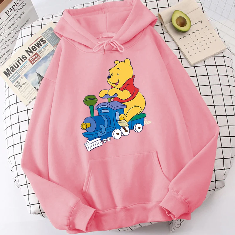 

Pooh Bear Print Women's Autumn and Winter Hoodie Plus Fleece Sweater Pink Loose Top